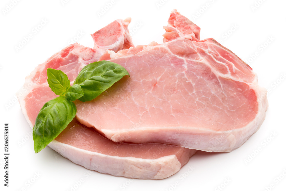 Fresh raw beef steak isolated on white background, top view.