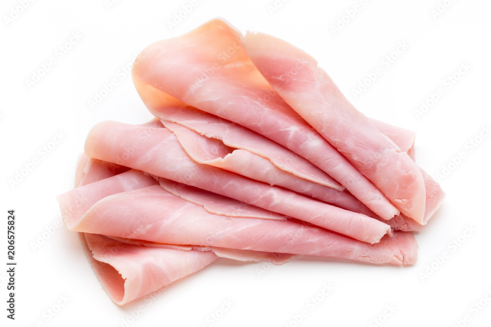 Sliced boiled ham sausage isolated on white background, top view. Sliced boiled ham sausage isolated on white background, top view.