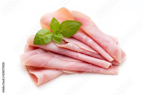 Sliced boiled ham sausage isolated on white background, top view.