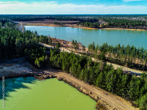 lake with green water in the forest photo from above