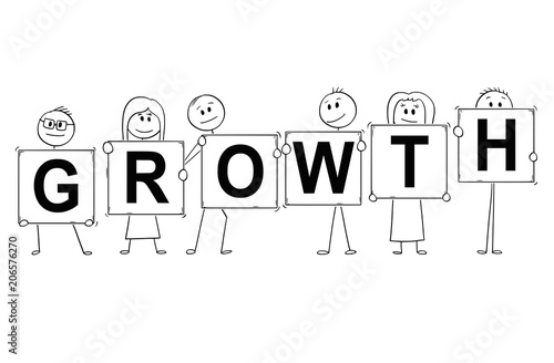 Cartoon stick man drawing conceptual illustration of businessmen and businesswomen holding signs with growth text.