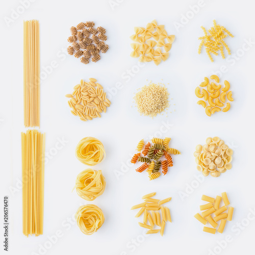 Italian cuisine. Set of assorted types of pasta: spaghetti, macaroni, cannelloni, fettuccine, fusilli, farfalle, tagliatelle and other, different colors. Collection pasta isolated on white background