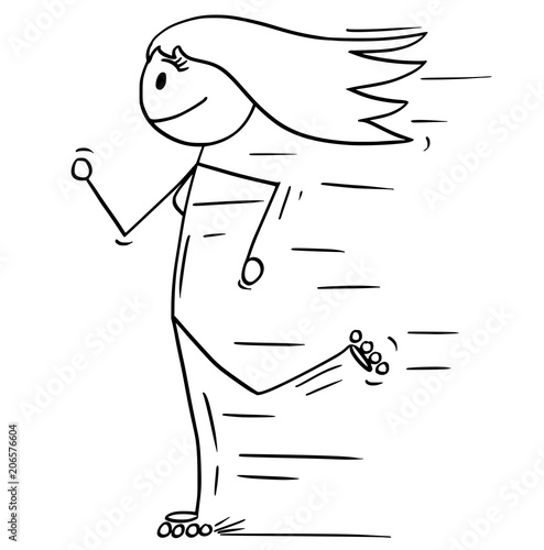 Cartoon stick man drawing illustration of inline roller skating woman or girl on rollerblades.