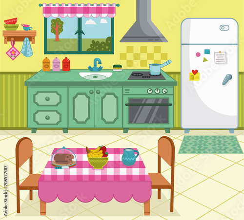 Vector illustration of a cartoon kitchen for general use.