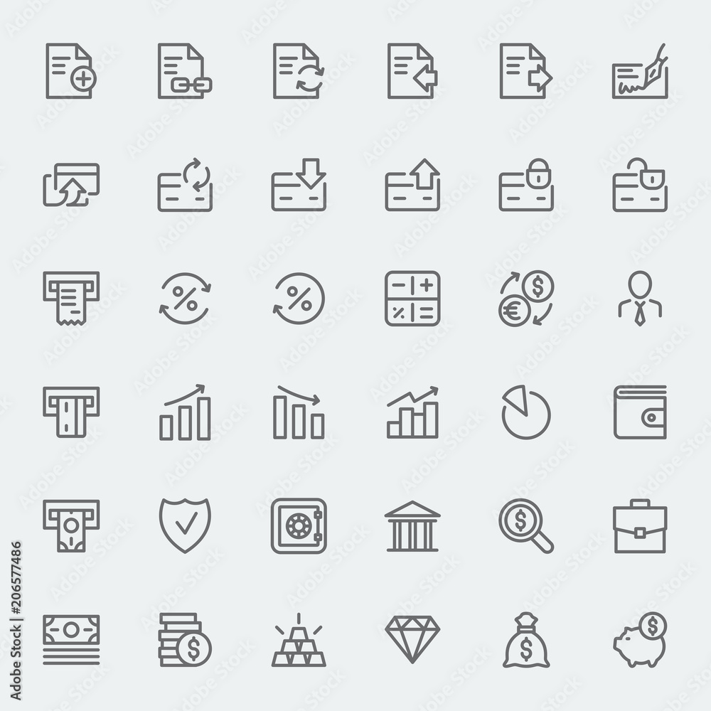 Banking and financial icons set. Line art vector black and white illustration. For your website or mobile application.
