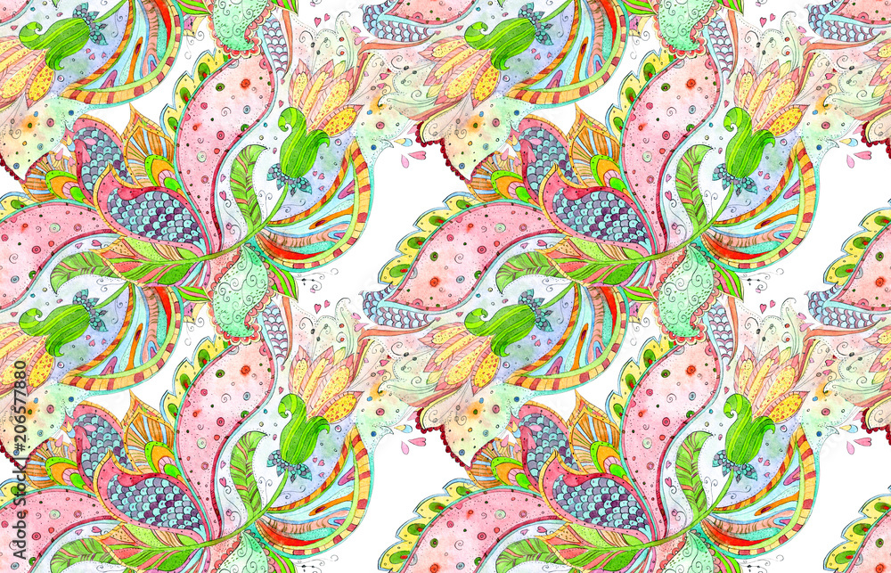 Fototapeta premium ethnic seamless texture with bizarre ornament. watercolor painting