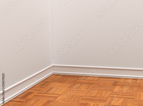 деревянный пол паркет и белые стены крупным планом. 3d иллюстрации