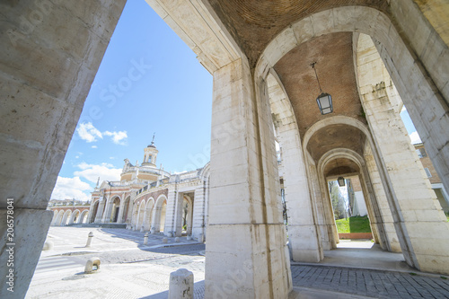 Passage Old arcs, architecture. A sight of the palace of Aranjuez (a museum nowadays), monument of the 18th century, royal residence Spain.