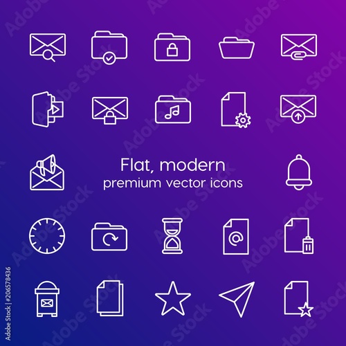 Modern Simple Set of folder, time, files, email Vector outline Icons. Contains such Icons as  web, multimedia,  mail, favorite,  red and more on gradient background. Fully Editable. Pixel Perfect