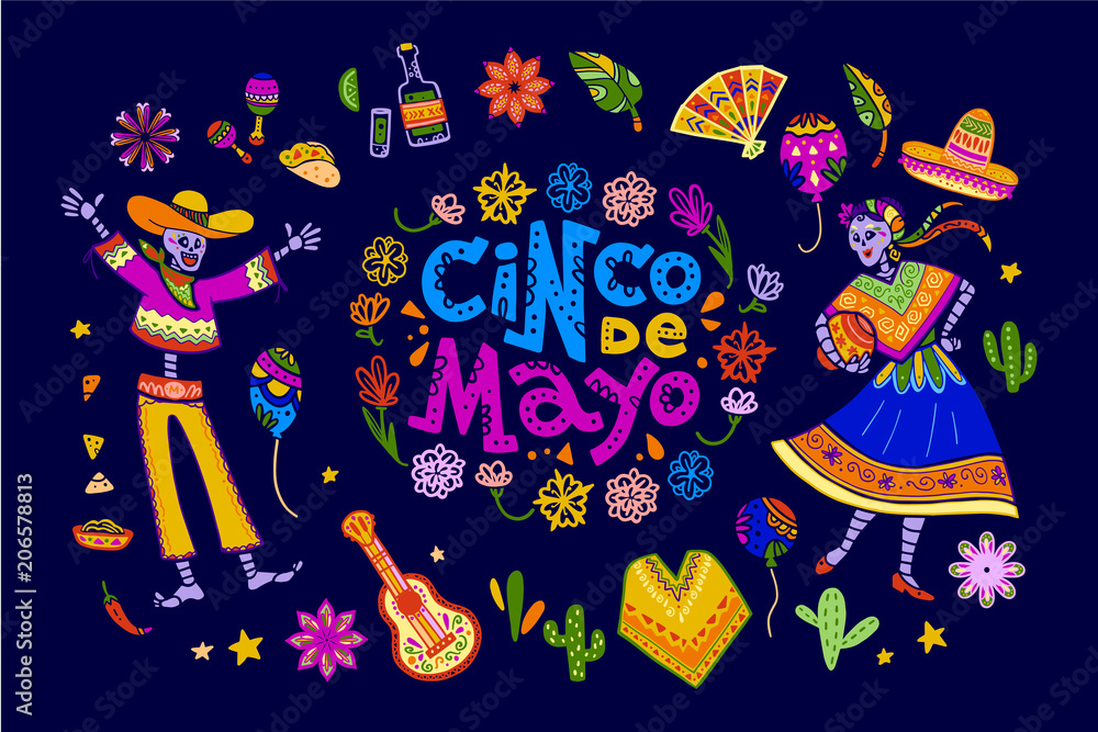 Vector cinco de mayo set of mexico traditional elements, symbols & skeleton characters in flat hand drawn style isolated on dark background. Mexican celebration, national patterns & decorations, food.