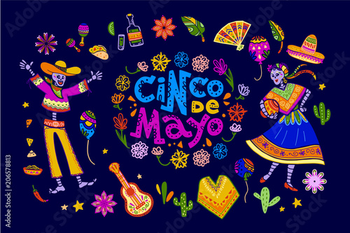 Vector cinco de mayo set of mexico traditional elements, symbols & skeleton characters in flat hand drawn style isolated on dark background. Mexican celebration, national patterns & decorations, food.
