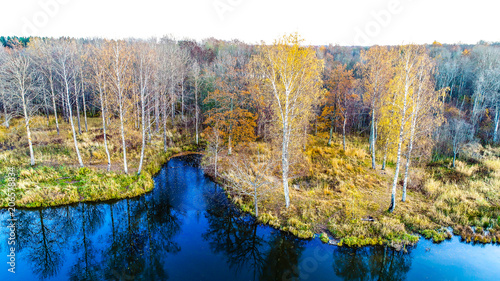 Fototapeta Naklejka Na Ścianę i Meble -  autumn landscape, blue sky,yellow the forest and the lake photos with height
