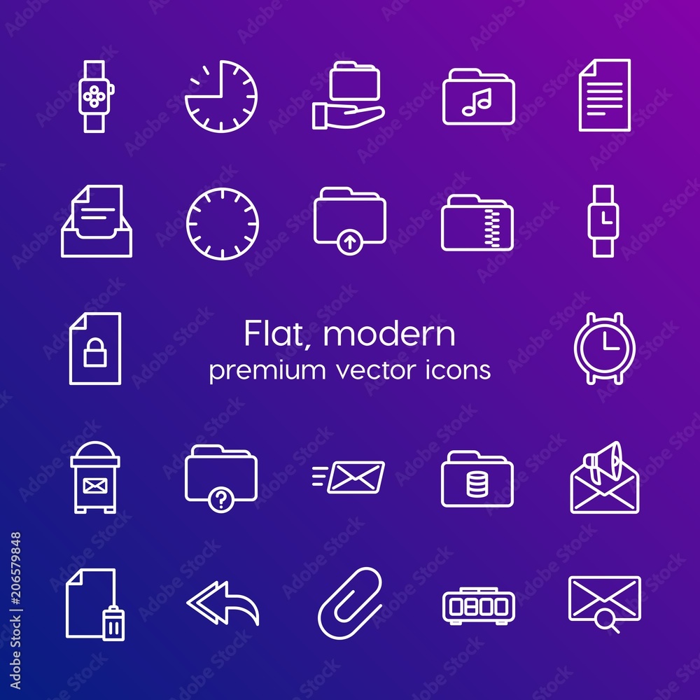 Modern Simple Set of folder, time, files, email Vector outline Icons. Contains such Icons as clip, digital, upload, morning, forward and more on gradient background. Fully Editable. Pixel Perfect Modern Simple Set of folder, time, files, email Vector outline Icons. Contains such Icons as clip, digital, upload, morning, forward and more on gradient background. Fully Editable. Pixel Perfect