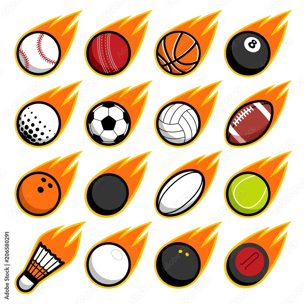 Vector fire flying play sport balls logo icon isolated objects set on white background Vector fire flying play sport balls logo icon isolated objects set on white background