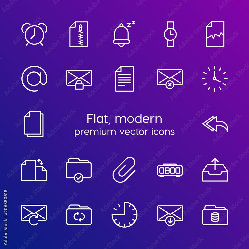 Modern Simple Set of folder, time, files, email Vector outline Icons. Contains such Icons as email, document, information, mail, file and more on gradient background. Fully Editable. Pixel Perfect Modern Simple Set of folder, time, files, email Vector outline Icons. Contains such Icons as email, document, information, mail, file and more on gradient background. Fully Editable. Pixel Perfect