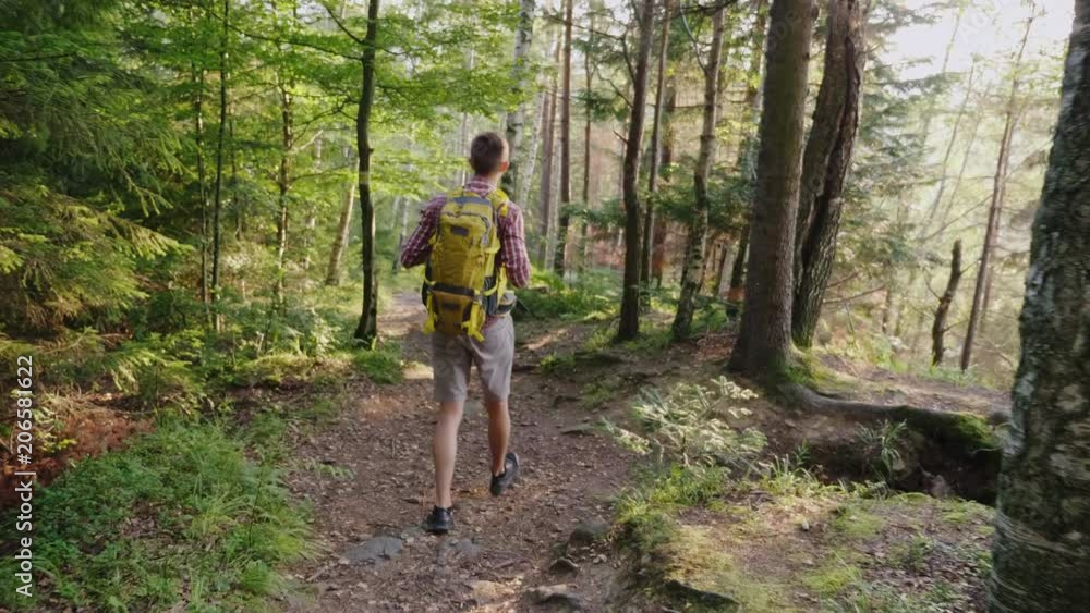 A young man with a yellow backpack walks along a picturesque trail in the forest. Active way of life and vacation in the mountains A young man with a yellow backpack walks along a picturesque trail in the forest. Active way of life and vacation in the mountains