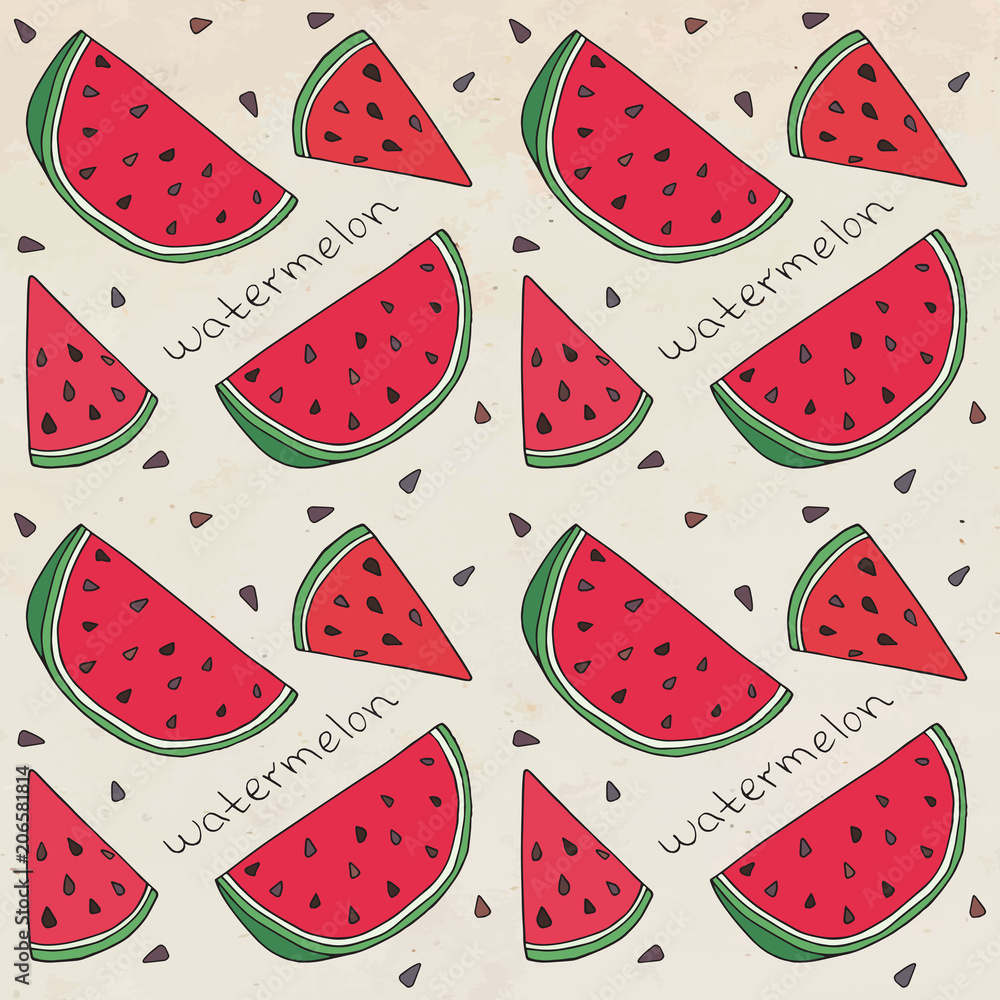 Pattern of sweet juicy watermelon seamless pattern. Summer exotic food. Beautiful hand drawn illustration of fruits. Pattern of sweet juicy watermelon seamless pattern. Summer exotic food. Beautiful hand drawn illustration of fruits.