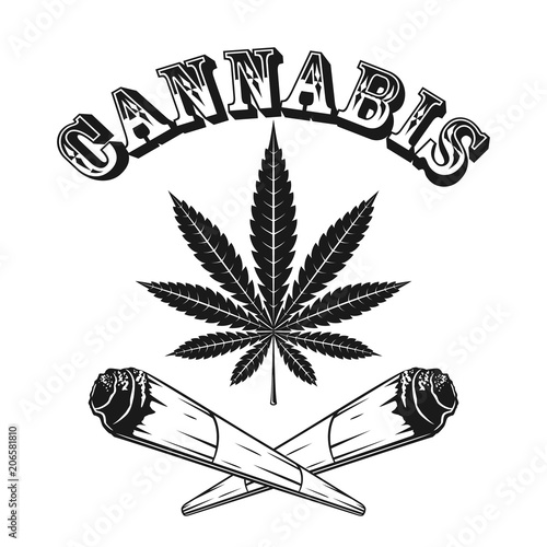 Monochrome logo cannabis leaf and jambs. Vector illustration emblem, badge, label, legal medical marijuana, isolated on white background.