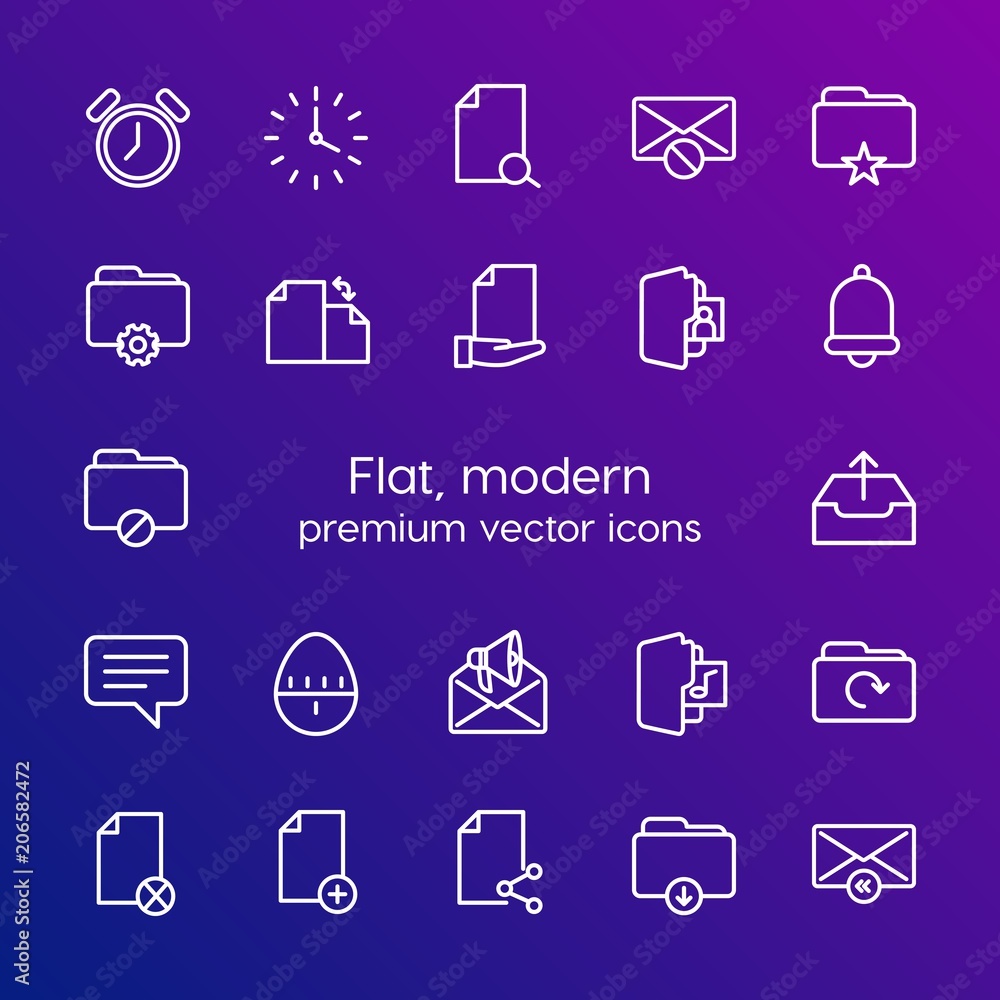 Modern Simple Set of folder, time, files, email Vector outline Icons. Contains such Icons as alarm, add, hour, mail, reply, business and more on gradient background. Fully Editable. Pixel Perfect Modern Simple Set of folder, time, files, email Vector outline Icons. Contains such Icons as alarm, add, hour, mail, reply, business and more on gradient background. Fully Editable. Pixel Perfect