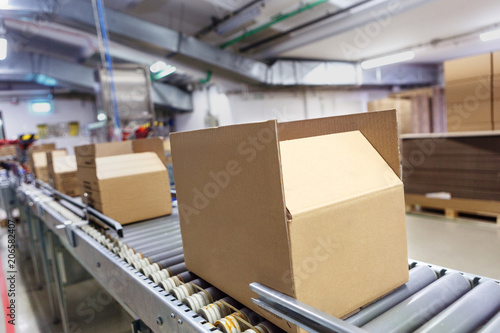 Cardboard boxes on conveyor belt. Board, package.