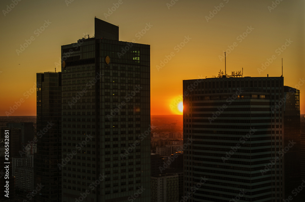 Sunset against the backdrop of skyscrapers