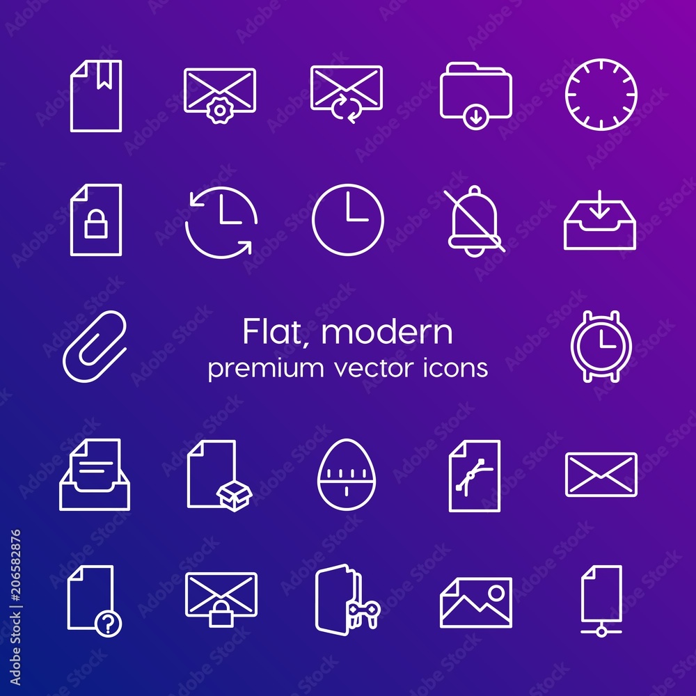 Modern Simple Set of folder, time, files, email Vector outline Icons. Contains such Icons as  update, security,  business, private,  book and more on gradient background. Fully Editable. Pixel Perfect