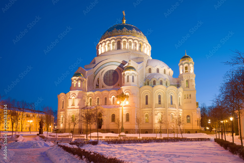 View of the St. Nicholas Naval Cathedral in the March evening. Kronstadt, Russia