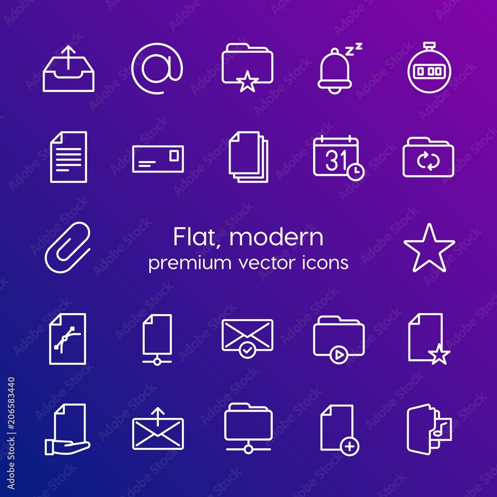 Modern Simple Set of folder, time, files, email Vector outline Icons. Contains such Icons as  data, mail,  star, network, video,  new and more on gradient background. Fully Editable. Pixel Perfect