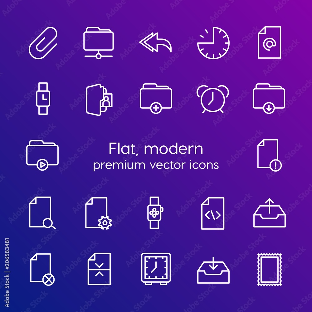 Modern Simple Set of folder, time, files, email Vector outline Icons. Contains such Icons as hour, folder, receive, clip, envelope and more on gradient background. Fully Editable. Pixel Perfect Modern Simple Set of folder, time, files, email Vector outline Icons. Contains such Icons as hour, folder, receive, clip, envelope and more on gradient background. Fully Editable. Pixel Perfect