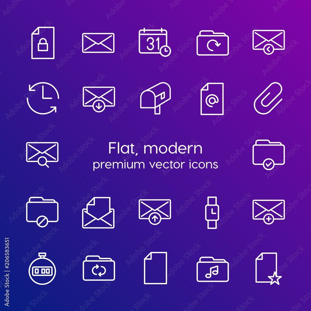 Modern Simple Set of folder, time, files, email Vector outline Icons. Contains such Icons as download, stopwatch, security, change, stop and more on gradient background. Fully Editable. Pixel Perfect Modern Simple Set of folder, time, files, email Vector outline Icons. Contains such Icons as download, stopwatch, security, change, stop and more on gradient background. Fully Editable. Pixel Perfect