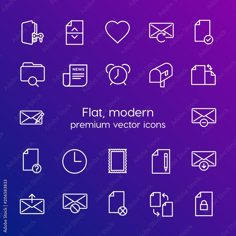 Modern Simple Set of folder, time, files, email Vector outline Icons. Contains such Icons as  clock,  lock,  game, file, change,  folder and more on gradient background. Fully Editable. Pixel Perfect