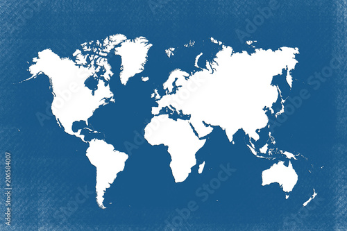 Plakat biała mapa świata, niebieskie tło