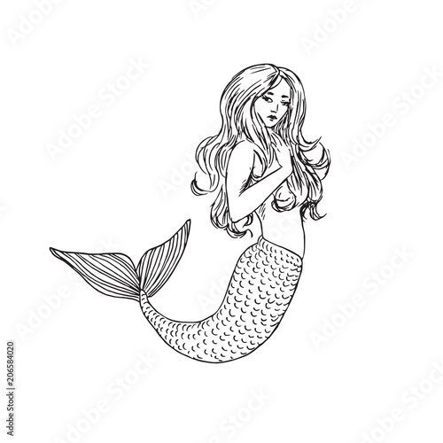 Mermaid, hand drawn outline doodle sketch, black and white vector illustration