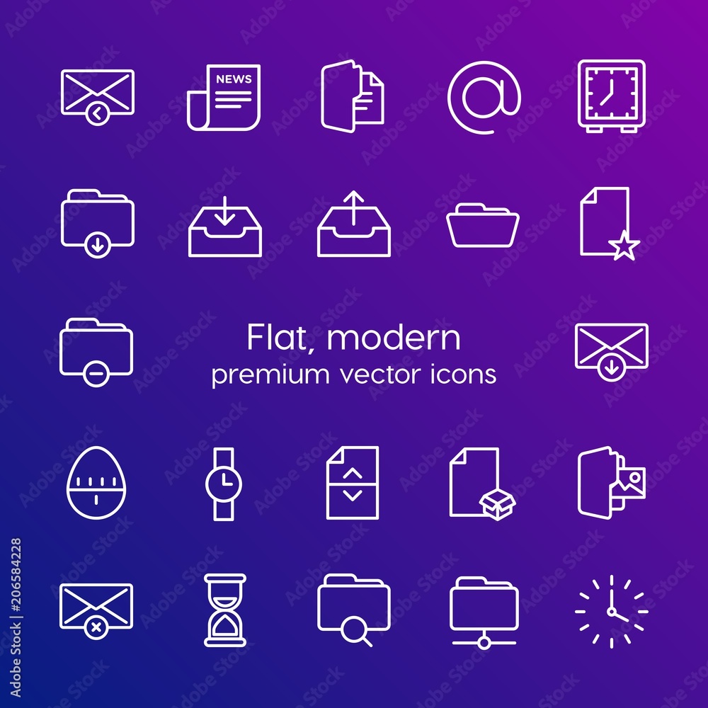 Modern Simple Set of folder, time, files, email Vector outline Icons. Contains such Icons as data, box, close, newspaper, business and more on gradient background. Fully Editable. Pixel Perfect Modern Simple Set of folder, time, files, email Vector outline Icons. Contains such Icons as data, box, close, newspaper, business and more on gradient background. Fully Editable. Pixel Perfect
