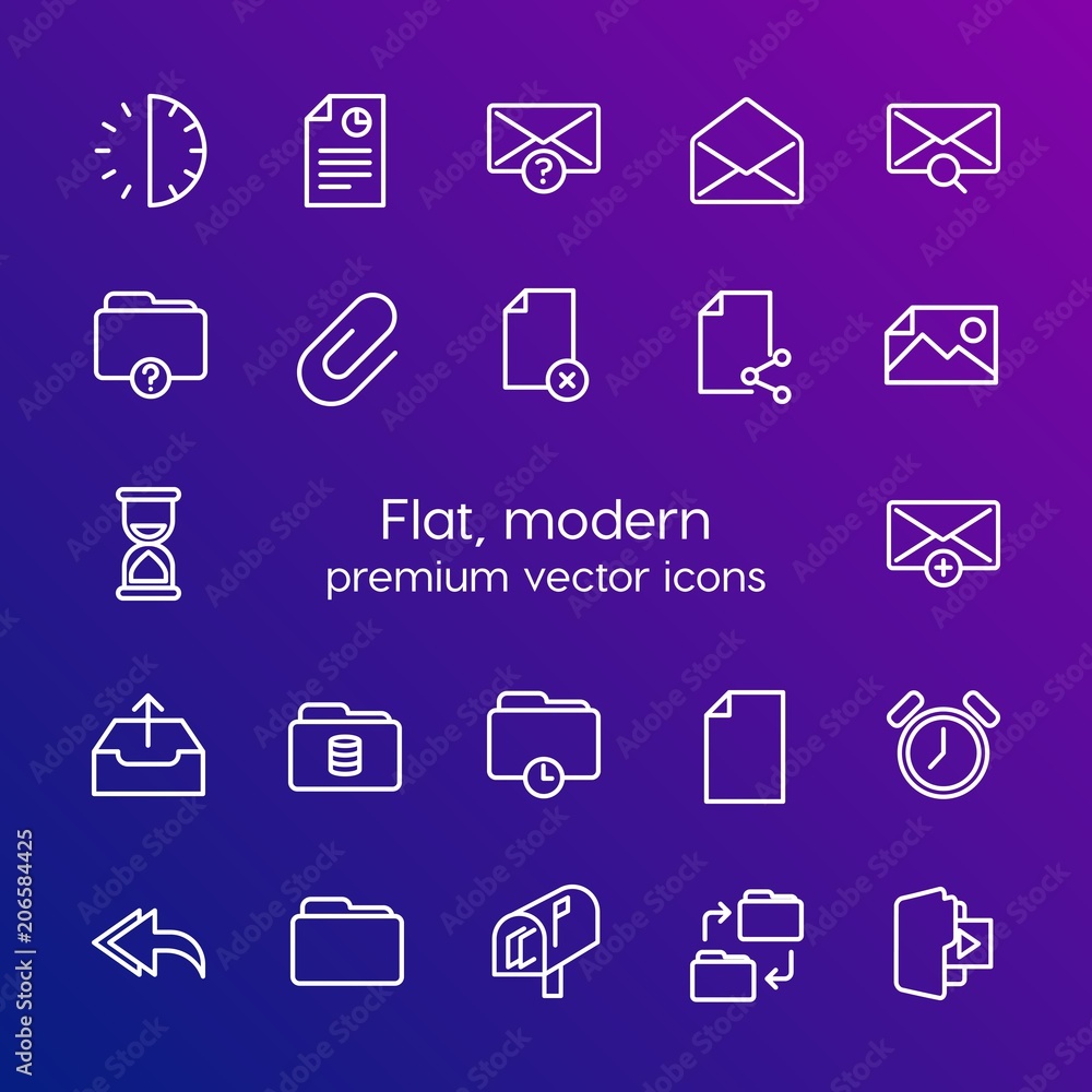 Modern Simple Set of folder, time, files, email Vector outline Icons. Contains such Icons as mail,  folder,  time, business,  email, time and more on gradient background. Fully Editable. Pixel Perfect