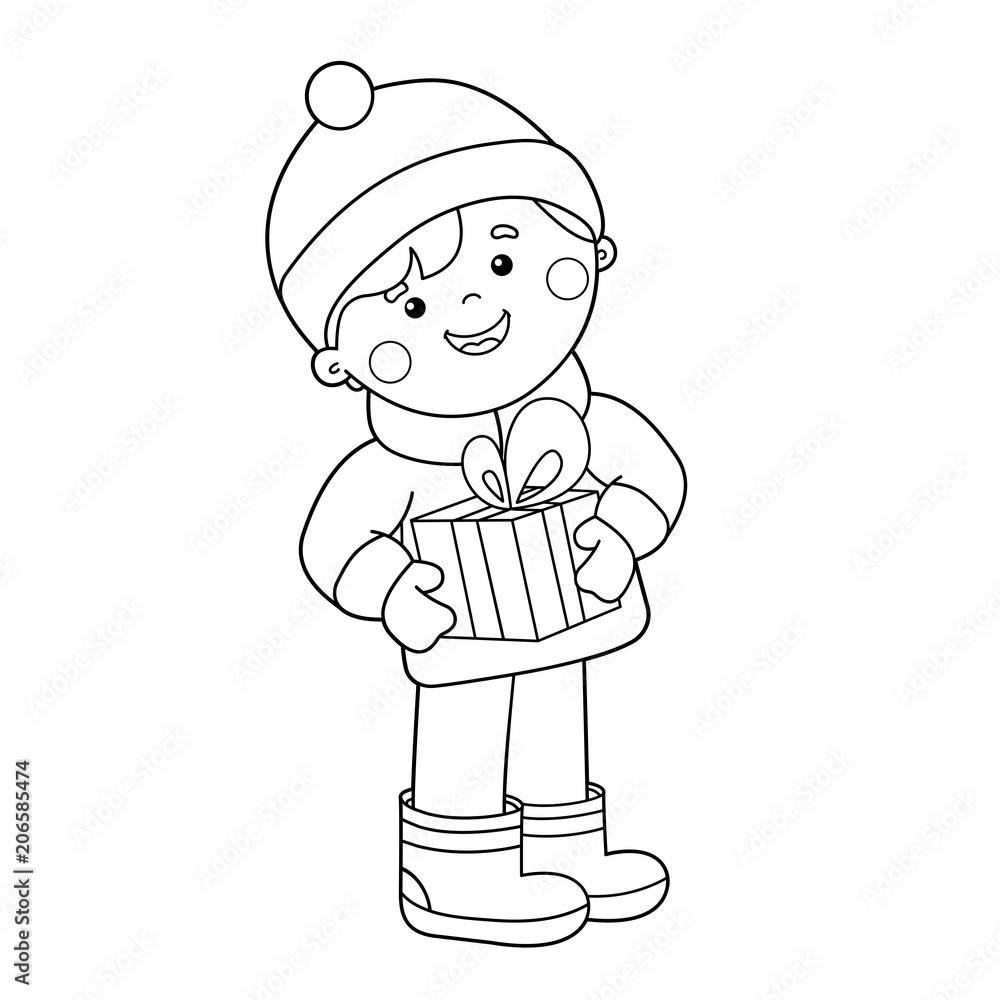 Coloring Page Outline Of boy with gifts. Christmas. New year. Coloring