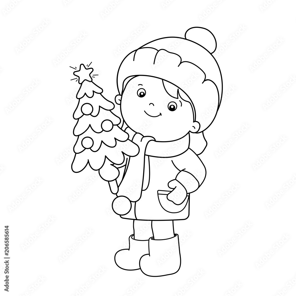 Obraz premium Coloring Page Outline Of girl with Christmas tree. Christmas. New year. Coloring book for kids