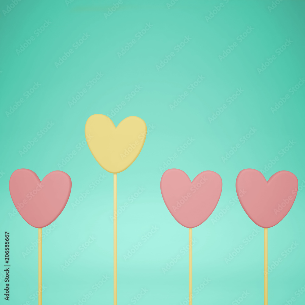 Minimal love and care concept idea, pink and yellow heart shape candies on turquoise pastel background with copy space
