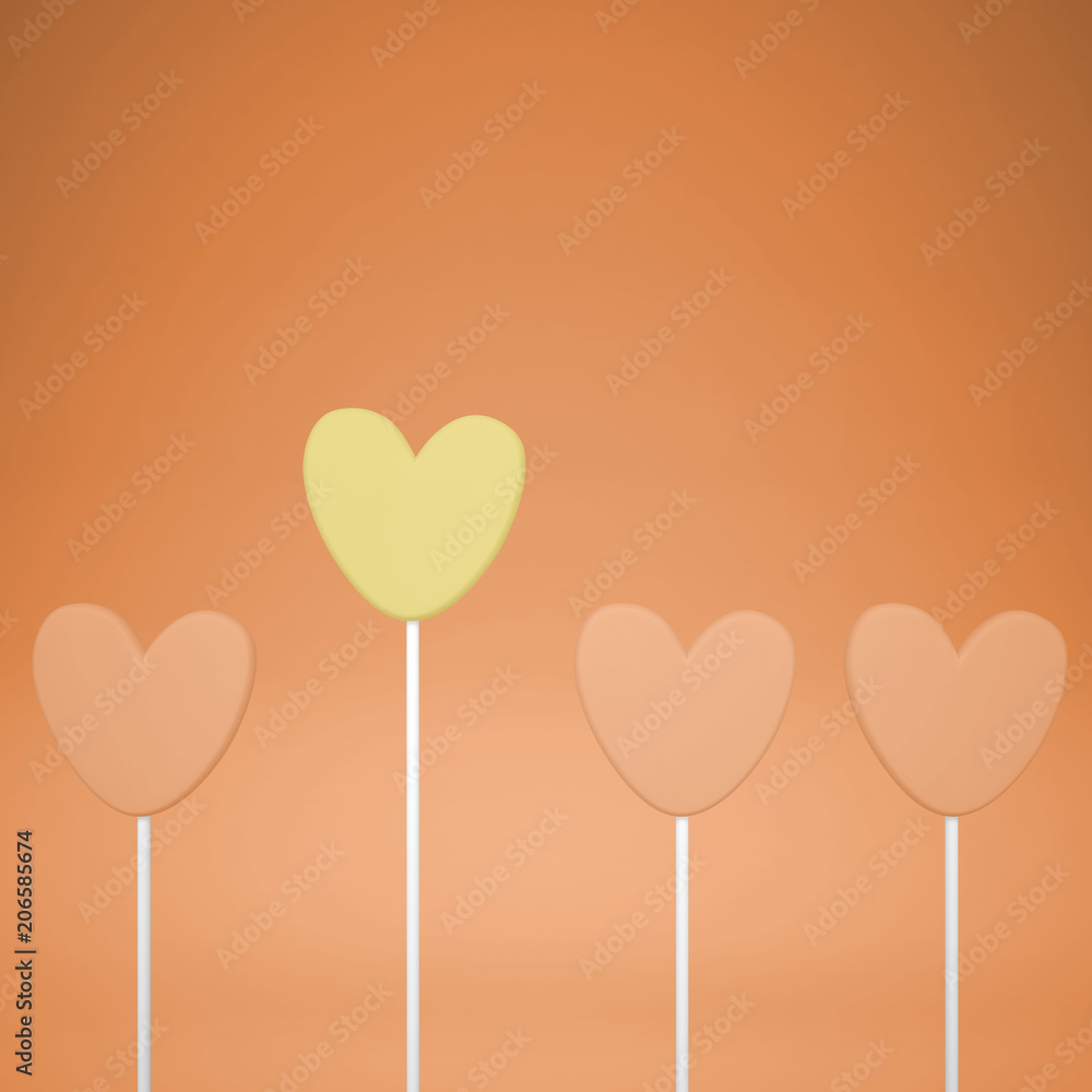 Minimal love and care concept idea, orange and yellow heart shape candies on pastel background with copy space