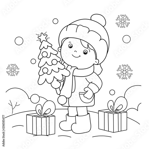 Coloring Page Outline Of girl with gifts and Christmas tree. Christmas. New year. Coloring book for kids