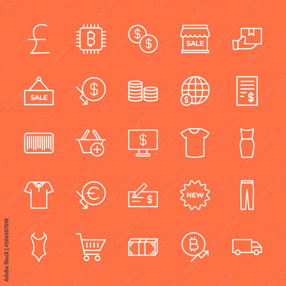 Modern Simple Set of clothes, money, shopping Vector outline Icons. Contains such Icons as  sign, summer,  money,  female,  post,  pants and more on orange background. Fully Editable. Pixel Perfect.