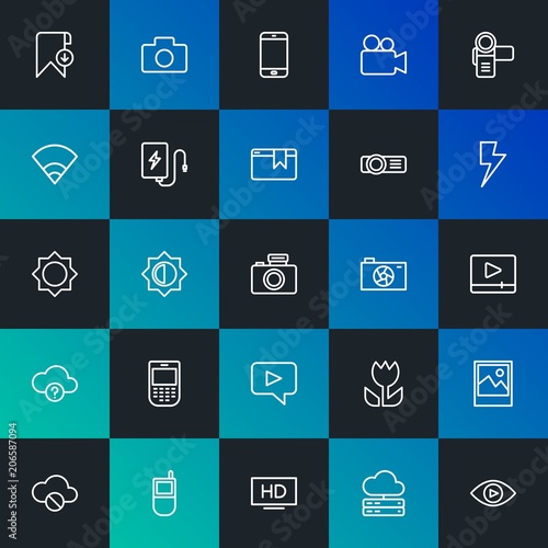 Modern Simple Set of cloud and networking, mobile, video, photos, bookmarks Vector outline Icons. Contains such Icons as and more on dark and gradient background. Fully Editable. Pixel Perfect.