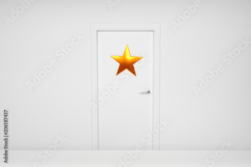 White closed the door to the dressing room with her hanging on gold star. 3d illustration