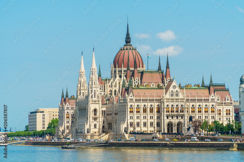 Hungarian Parliament, standing on Pest  bank of Dunabe in Budapest, Hungary.