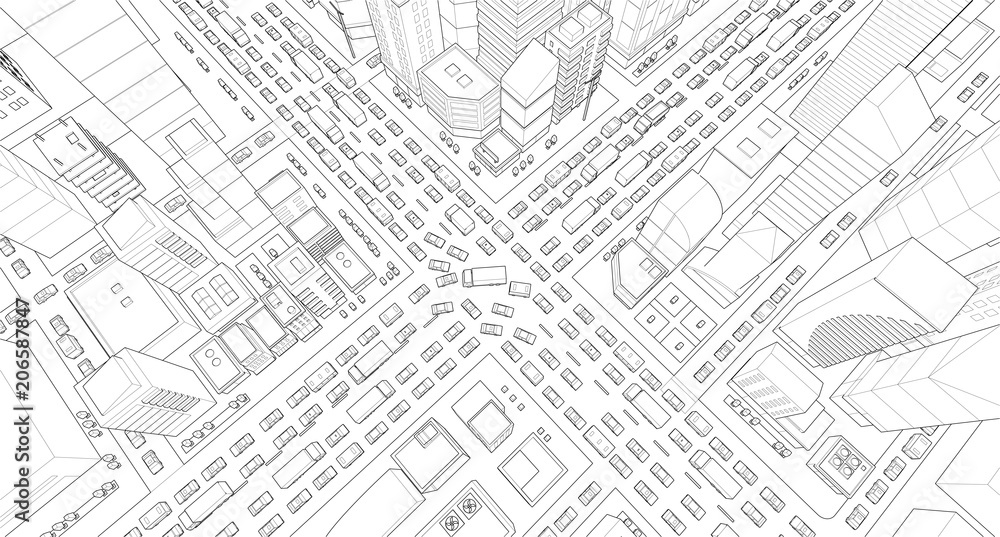 City street Intersection traffic jams road 3d drawing. Black lines outline contour style Very high detail projection view. A lot cars end buildings top view Vector illustration