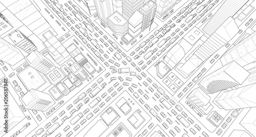 City street Intersection traffic jams road 3d drawing. Black lines outline contour style Very high detail projection view. A lot cars end buildings top view Vector illustration