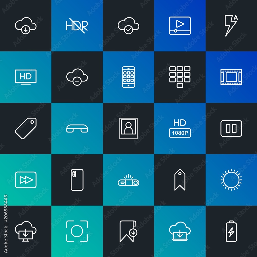 Modern Simple Set of cloud and networking, mobile, video, photos, bookmarks Vector outline Icons. Contains such Icons as and more on dark and gradient background. Fully Editable. Pixel Perfect. Modern Simple Set of cloud and networking, mobile, video, photos, bookmarks Vector outline Icons. Contains such Icons as and more on dark and gradient background. Fully Editable. Pixel Perfect.