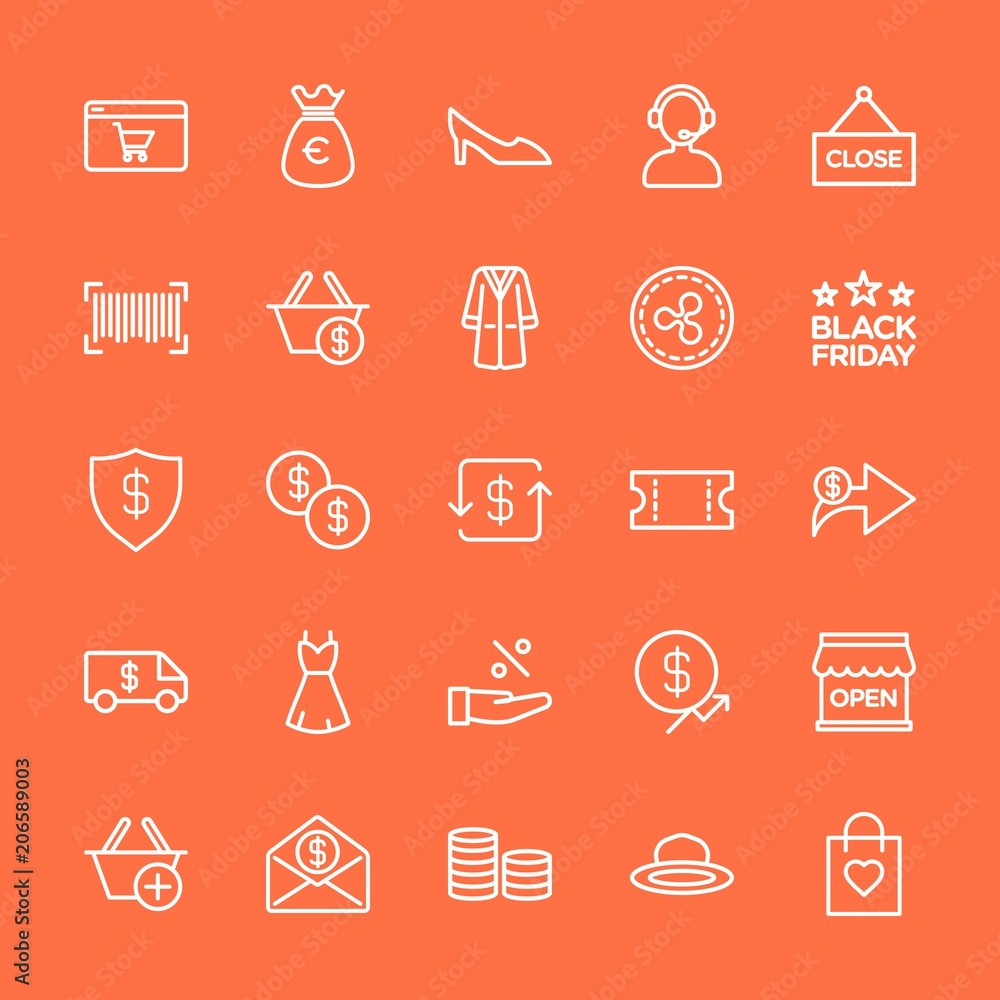 Modern Simple Set of clothes, money, shopping Vector outline Icons. Contains such Icons as gift, cash, female, holiday, object, coin and more on orange background. Fully Editable. Pixel Perfect. Modern Simple Set of clothes, money, shopping Vector outline Icons. Contains such Icons as gift, cash, female, holiday, object, coin and more on orange background. Fully Editable. Pixel Perfect.