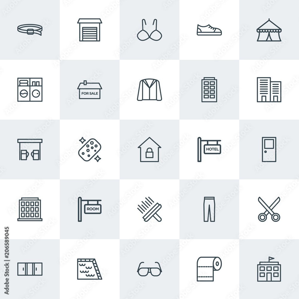 Modern Simple Set of clothes, buildings, housekeeping Vector outline Icons. Contains such Icons as paper,  tool,  triple,  belt, window and more on white background. Fully Editable. Pixel Perfect.