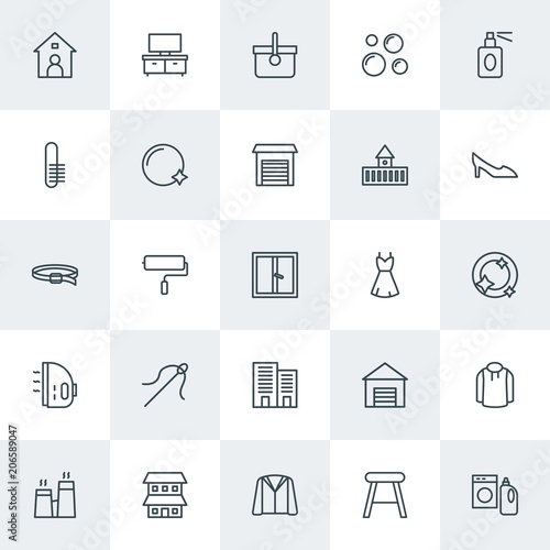 Modern Simple Set of clothes, buildings, housekeeping Vector outline Icons. Contains such Icons as background, roller, clothes, door and more on white background. Fully Editable. Pixel Perfect.